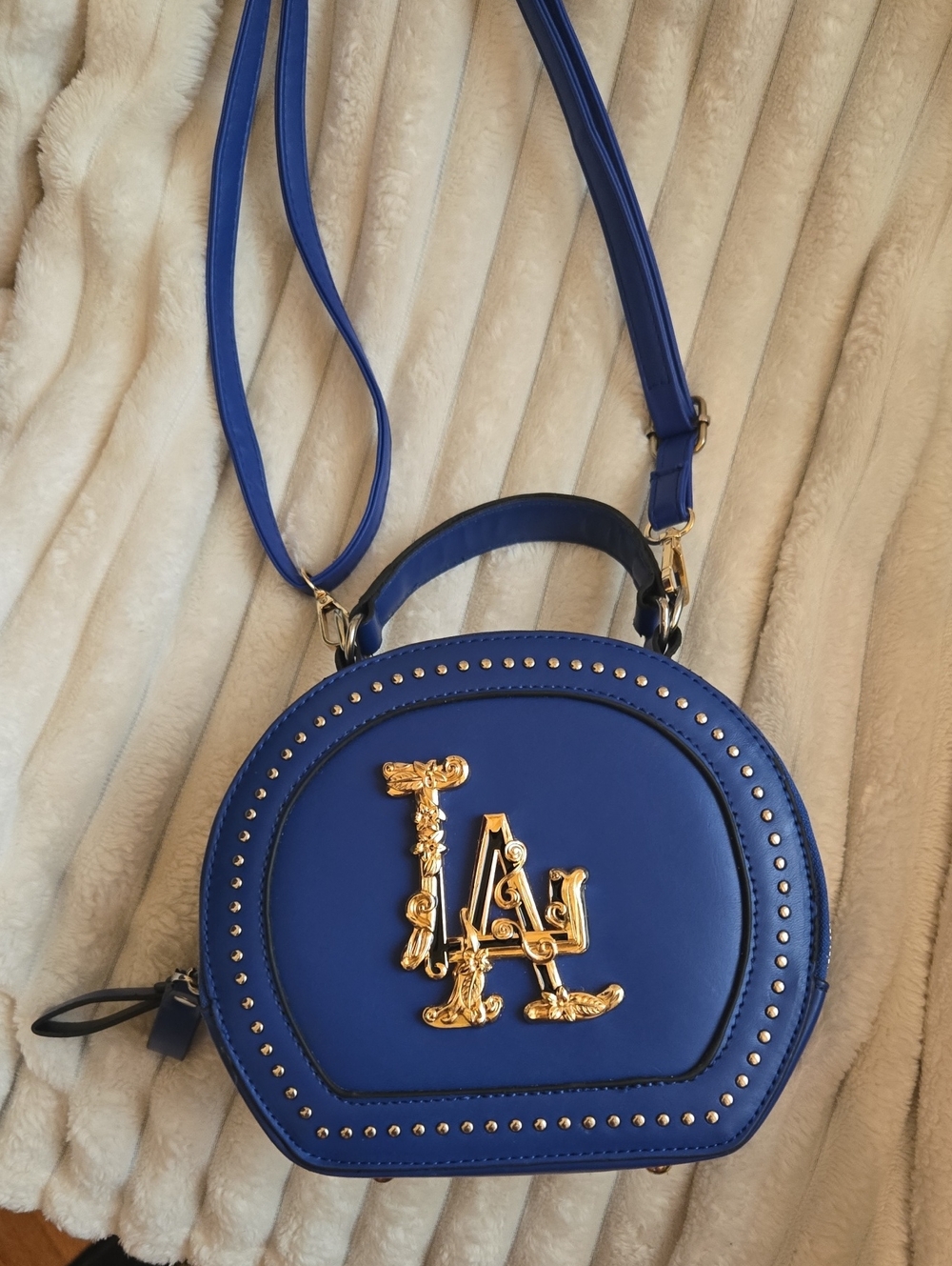 LA Embellished Round Crossbody Bag in Cobalt Blue with Gold Hardware